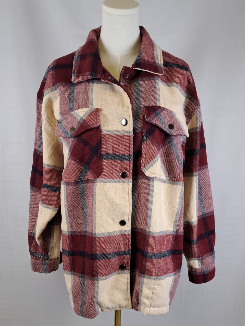 HFX Womens Plaid Shacket Jacket Burgundy Cream Wool Blend Indie Gorpcore Size M